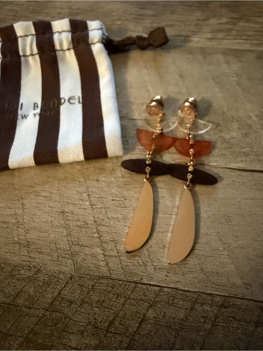 henri bendel gold, Brown and Rust Layered Dangle Earrings